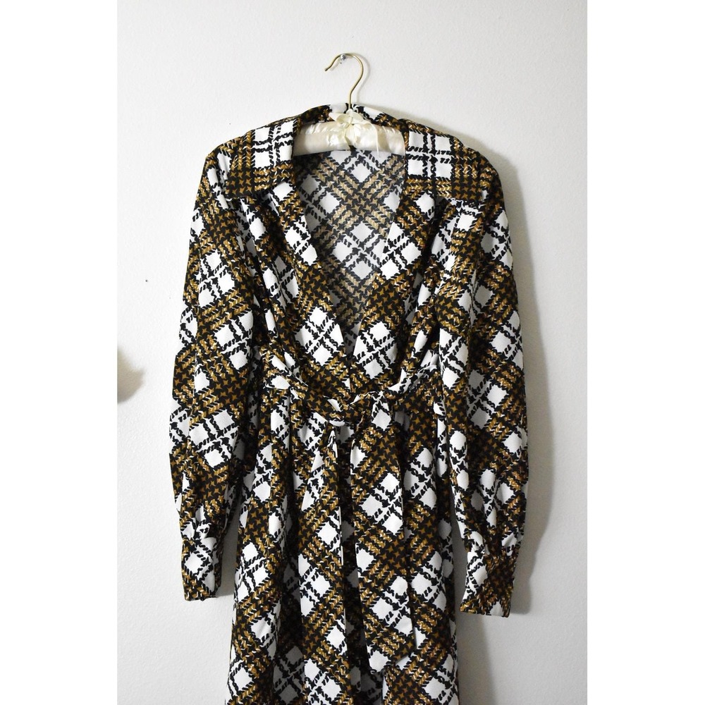 Vintage 70s Mustard Yellow Plaid Wrap Dress V-Neck Long Sleeve Retro Geometric M - Picture 6 of 8